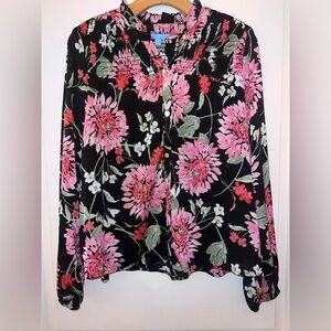 Draper James black floral print smocked gold button long sleeve blouse M